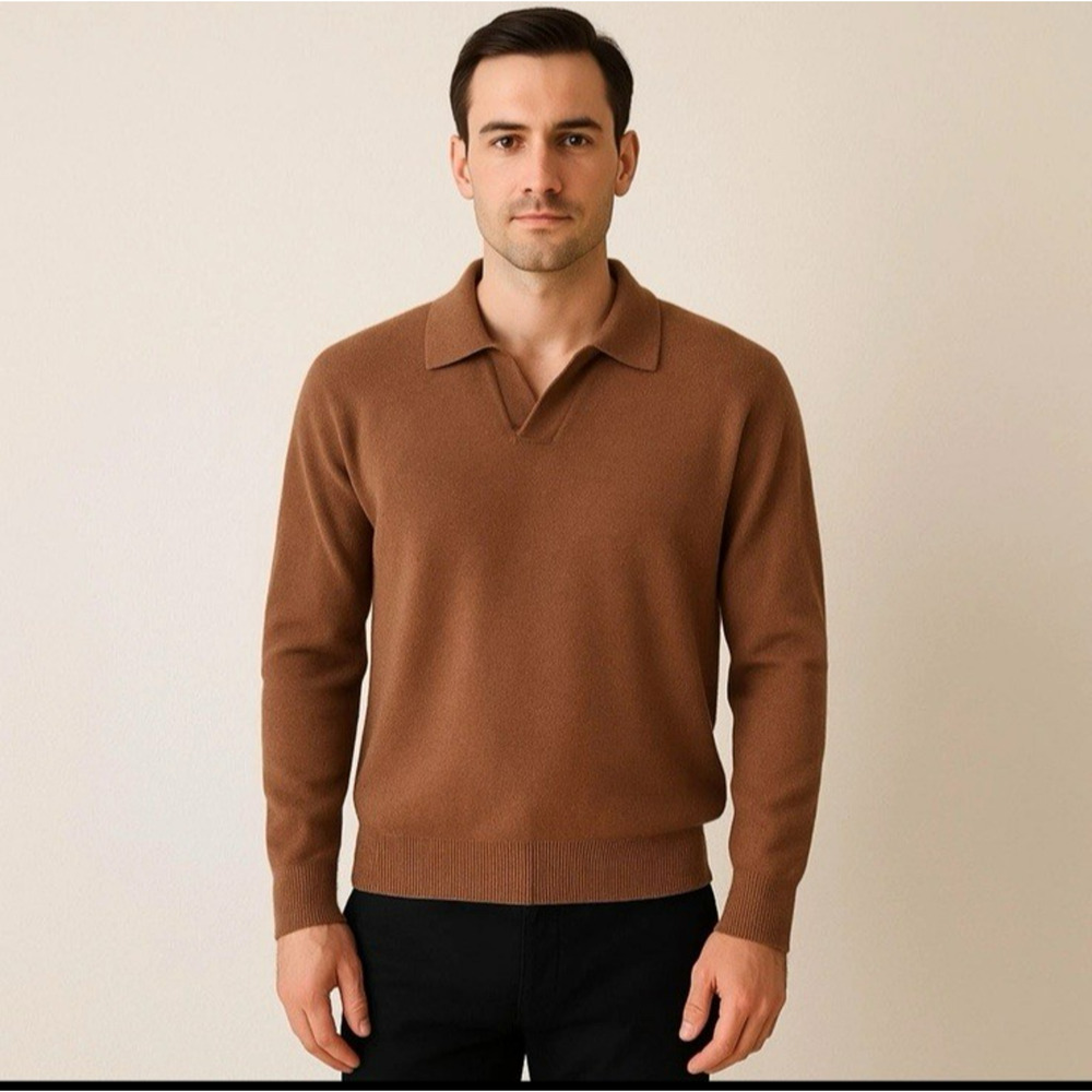 The Commons 100% Cashmere Sweater‎ Polo Johnny Collar Brown Size XL